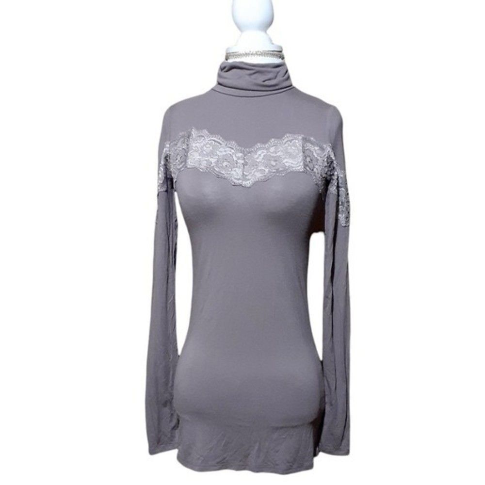 Free People Women’s Lace Trim Turtleneck BlouseTop Taupe Size XS